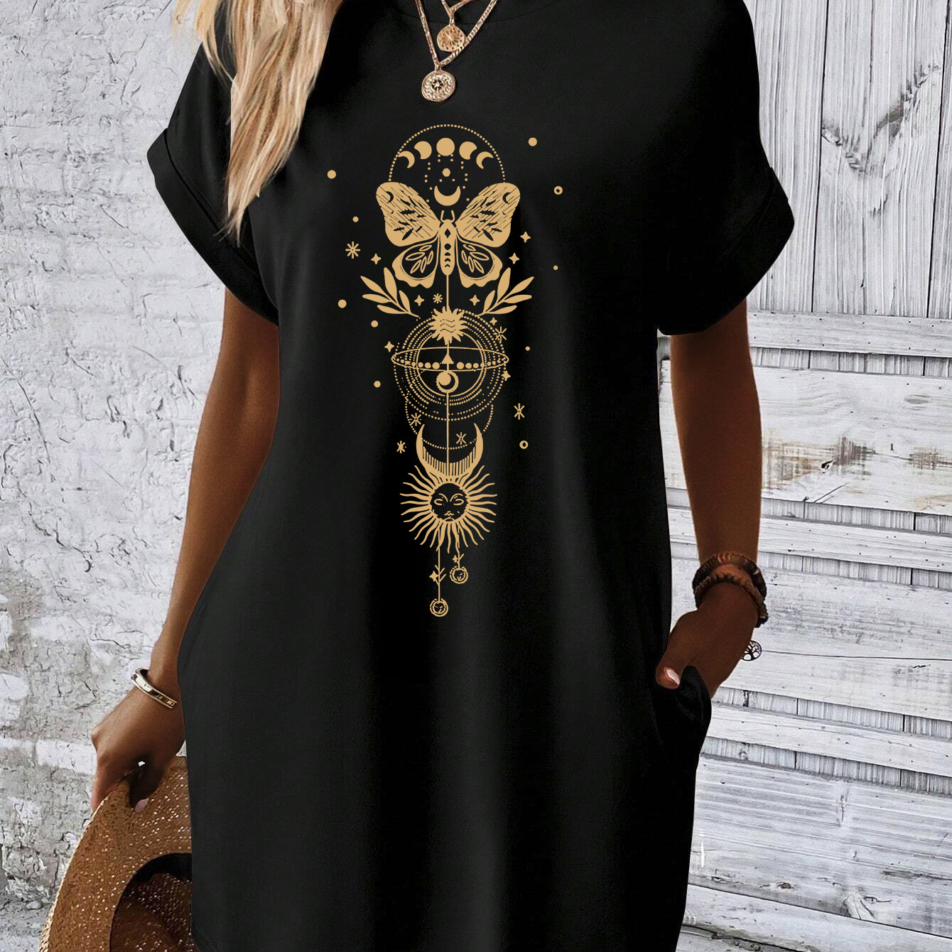 

Butterfly Print Tee Dress, Short Sleeve Crew Neck Casual Dress For Summer & Spring, Women's Clothing