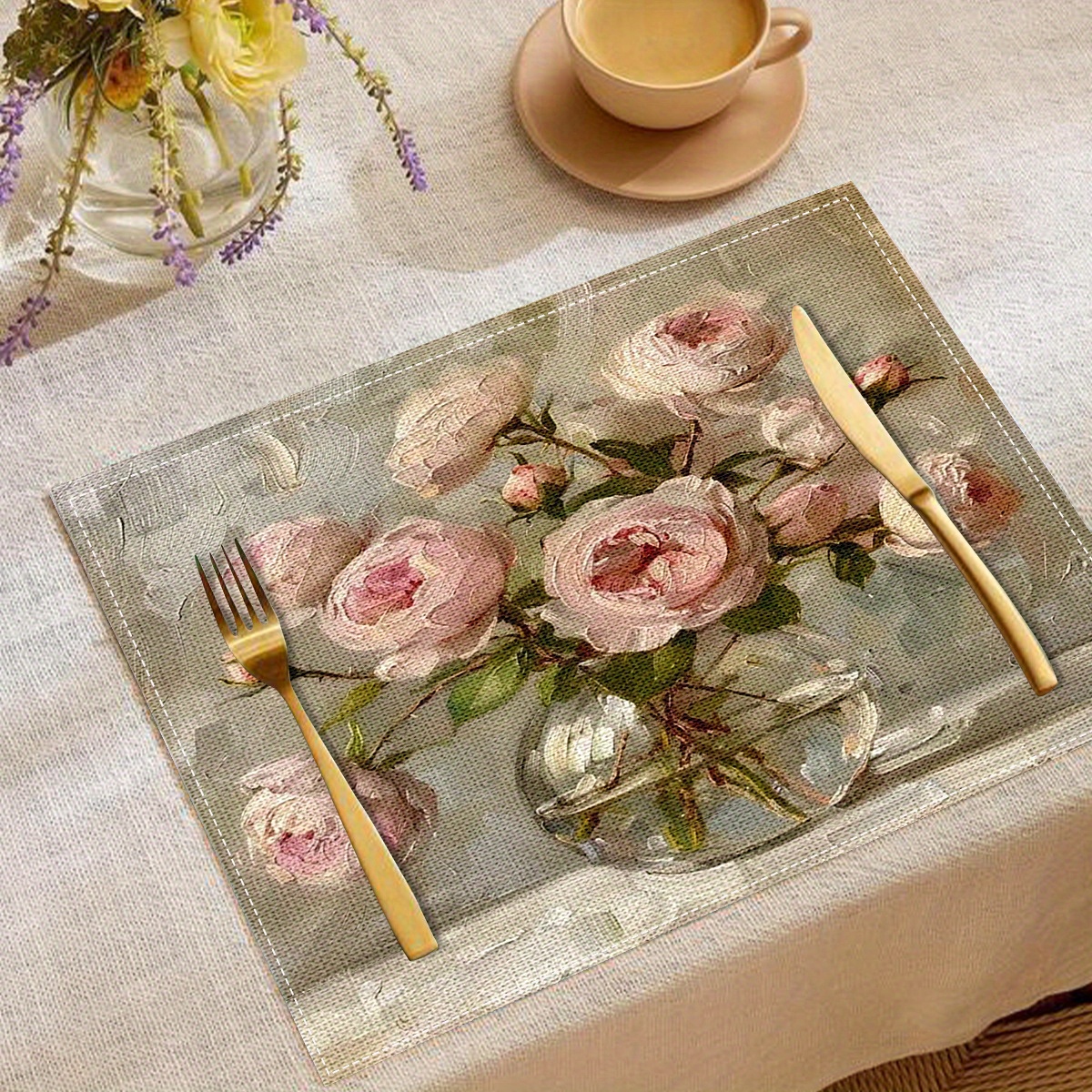 

4-piece Set Elegant Linen Placemats - Modern Floral Design, Heat-resistant Table Mats For Dining & Kitchen Decor, Machine Washable
