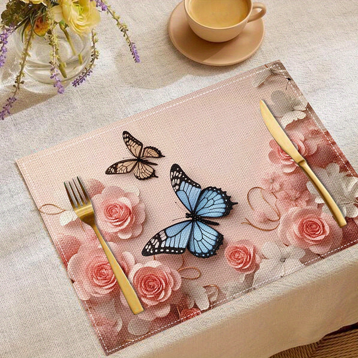 

4-pack Woven Linen Placemats - 100% Linen Square Table Mats With Elegant Butterfly Print, Heat Resistant, Machine Washable For Modern Home Dining Decor