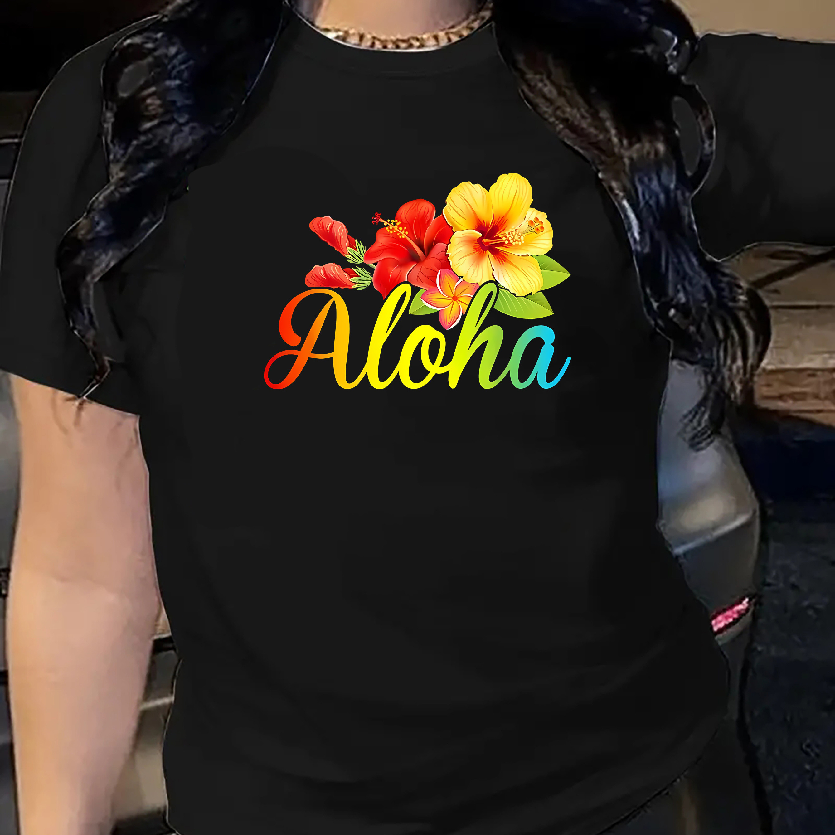 

Women's Casual Floral "aloha" Print Short Sleeve T-shirt, Fashion Rainbow-colored Flower Pattern, Comfortable Summer Lightweight Top, Sporty & Simple Vacation Tee