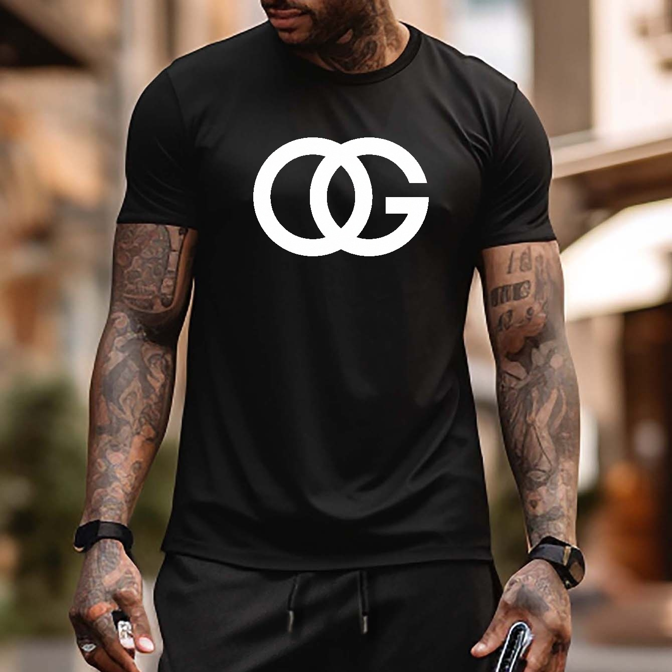 

1 Pc, 100% Cotton T-shirt, Plus Size Men's Set: "og" Crossing Letter Graphic Print T Short-sleeve T Shirt Shorts Set For Summer, Men Clothing