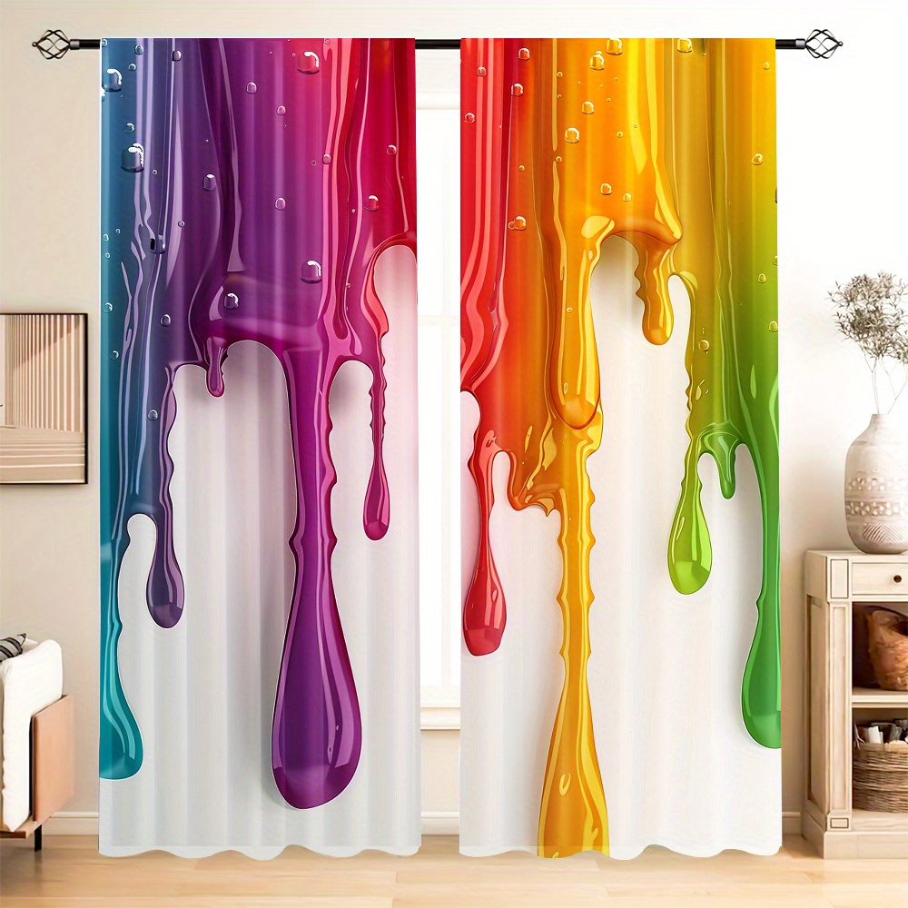 

2pcs Rainbow Drip Print Curtains Set - Digital Polyester, Rod Pocket Design For Living Room, Kitchen, Bedroom & More - Contemporary Home Decor