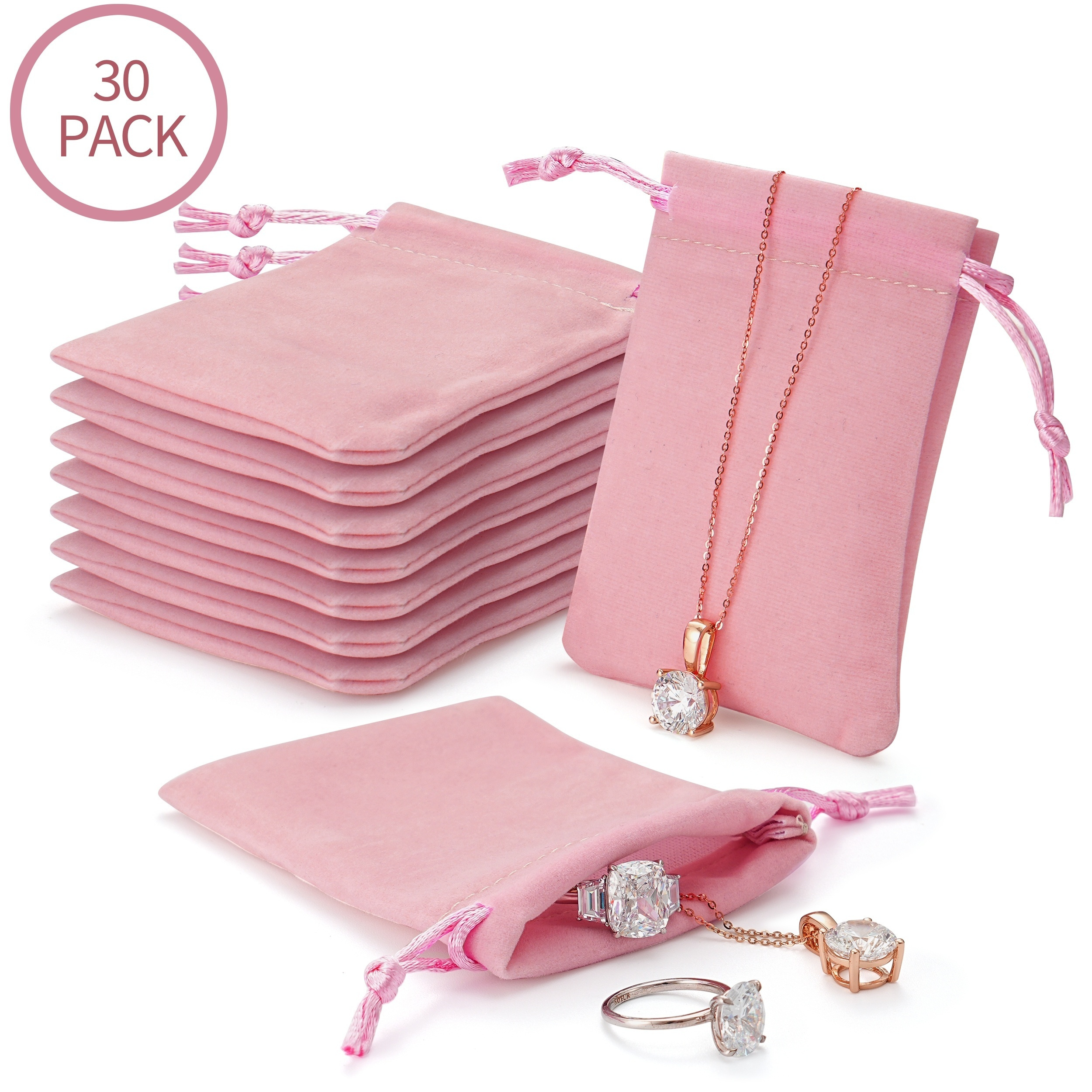 

30 Pack Velvet Jewelry Pouches With Drawstrings - Small Pink Soft Storage Gift Bags For Wedding Favors, Party Gifts, Valentine's Day, Anniversary Keepsakes