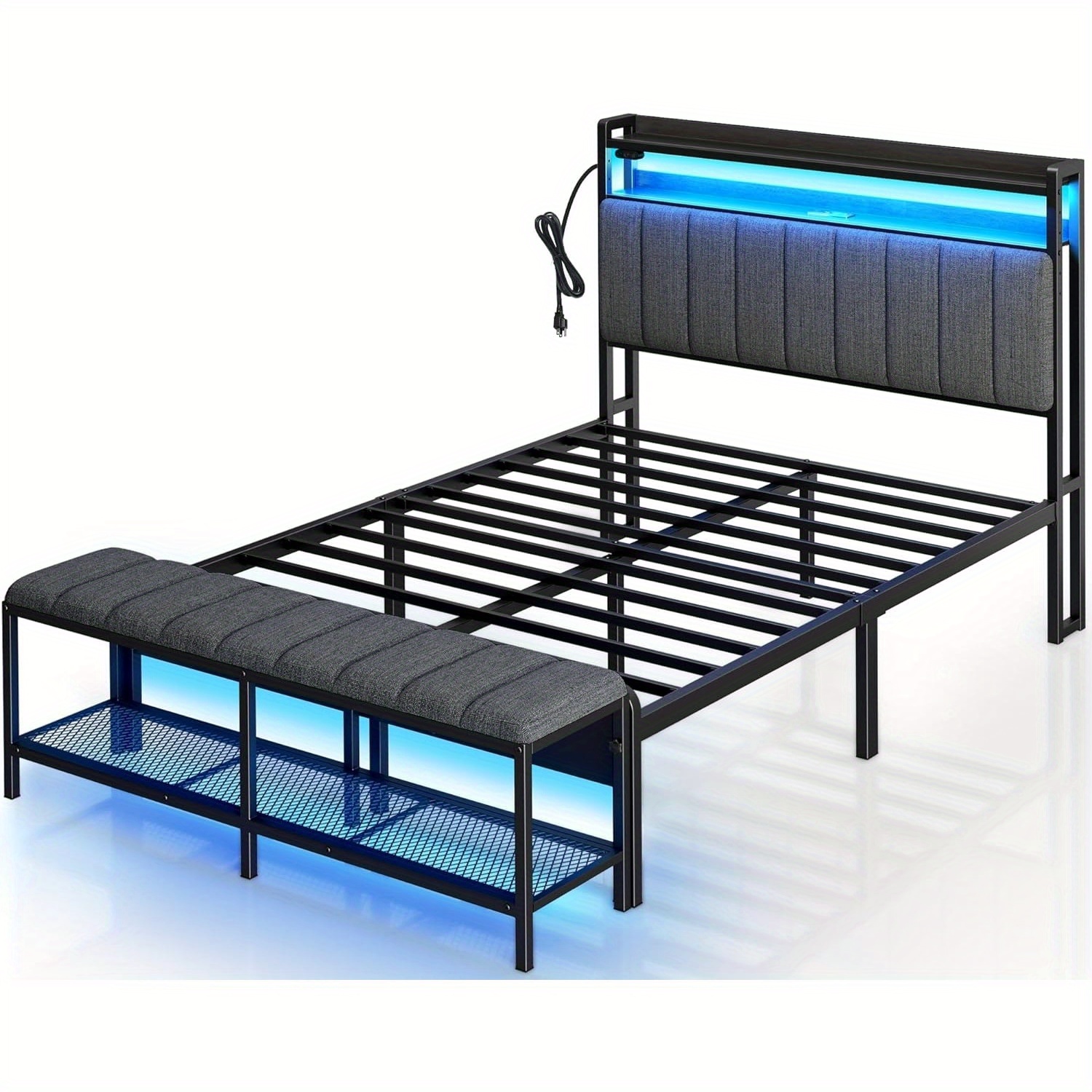 

Twin/full/king/queen Size Bed Frame Avaliable, Bed Frame With Charging Station & Led Lights, Upholstered Headboard With Storage Shelves, Heavy Duty Metal Slats, No Box Spring Needed, Easy Assembly