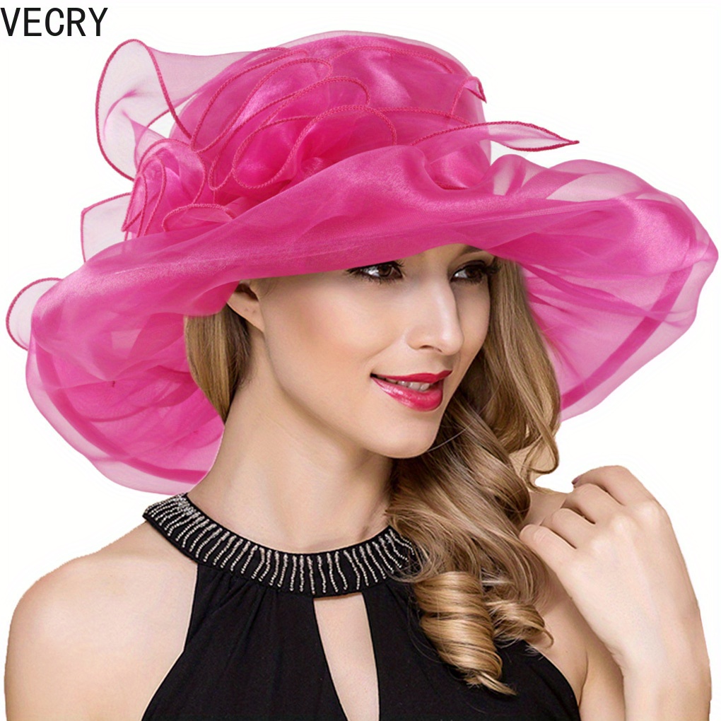 

Vecry Women Kentucky Derby Church Dress Hat Bridal Tea Party Wedding Organza Hat Wide Brim