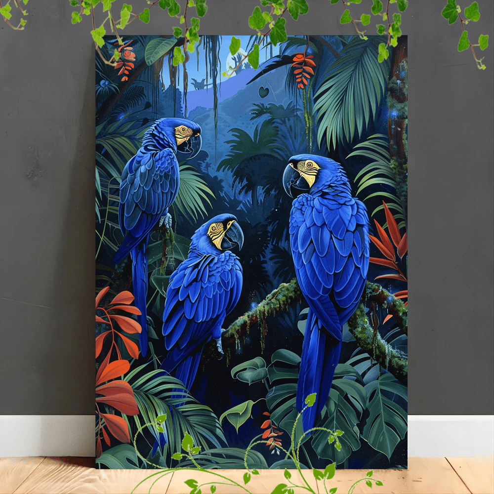 

1pc Wooden Framed Canvas Painting Artwork Very Suitable For Office Corridor Home Living Room Decoration Suspensibility Blue Macaws, Rainforest, Night Scene, Foliage