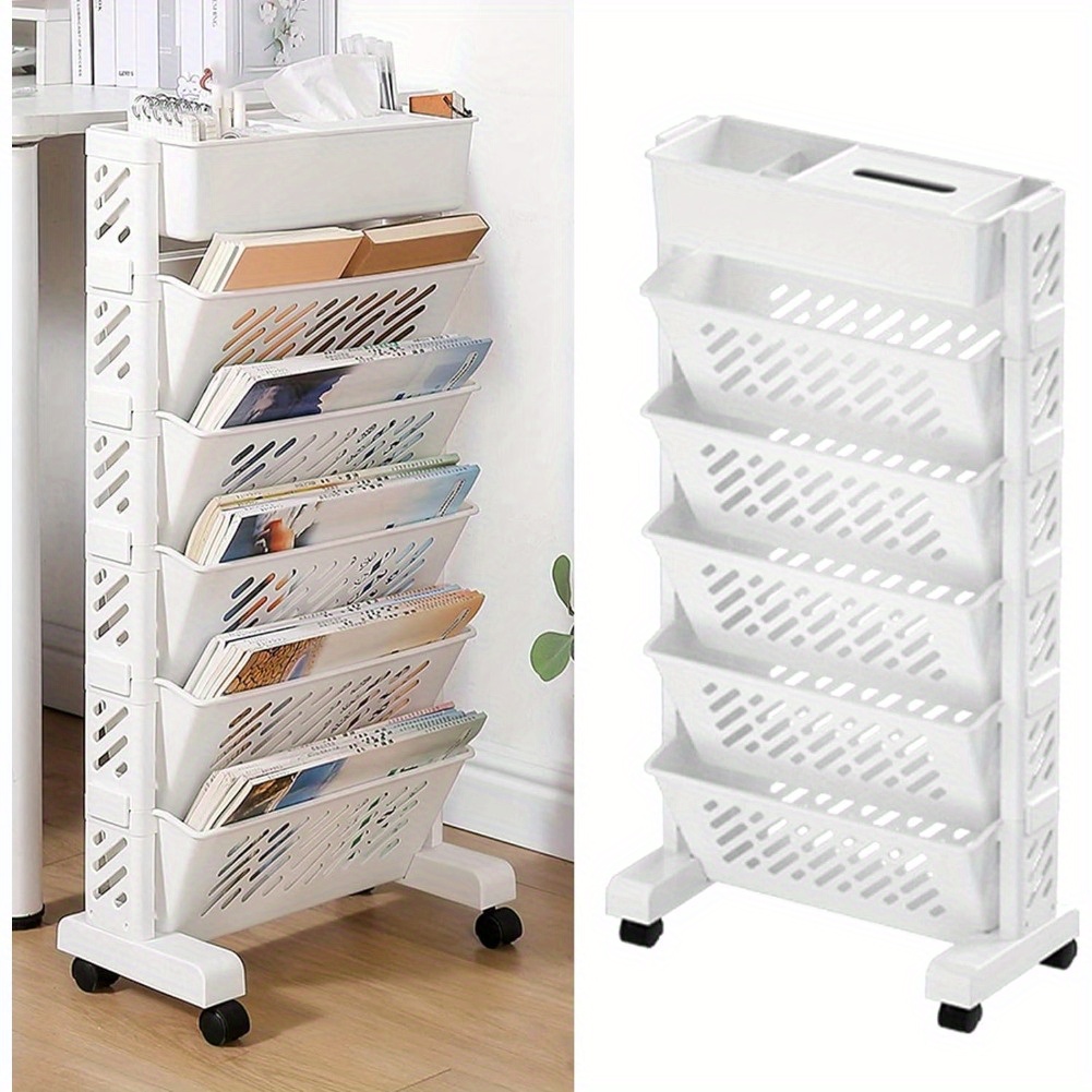 

Removable Movable Unique Bookcase, 6 Tier Movable Bookshelf Cart, Multi-functional Movable Storage Book Shelves For Study Office Kitchen Classroom, White