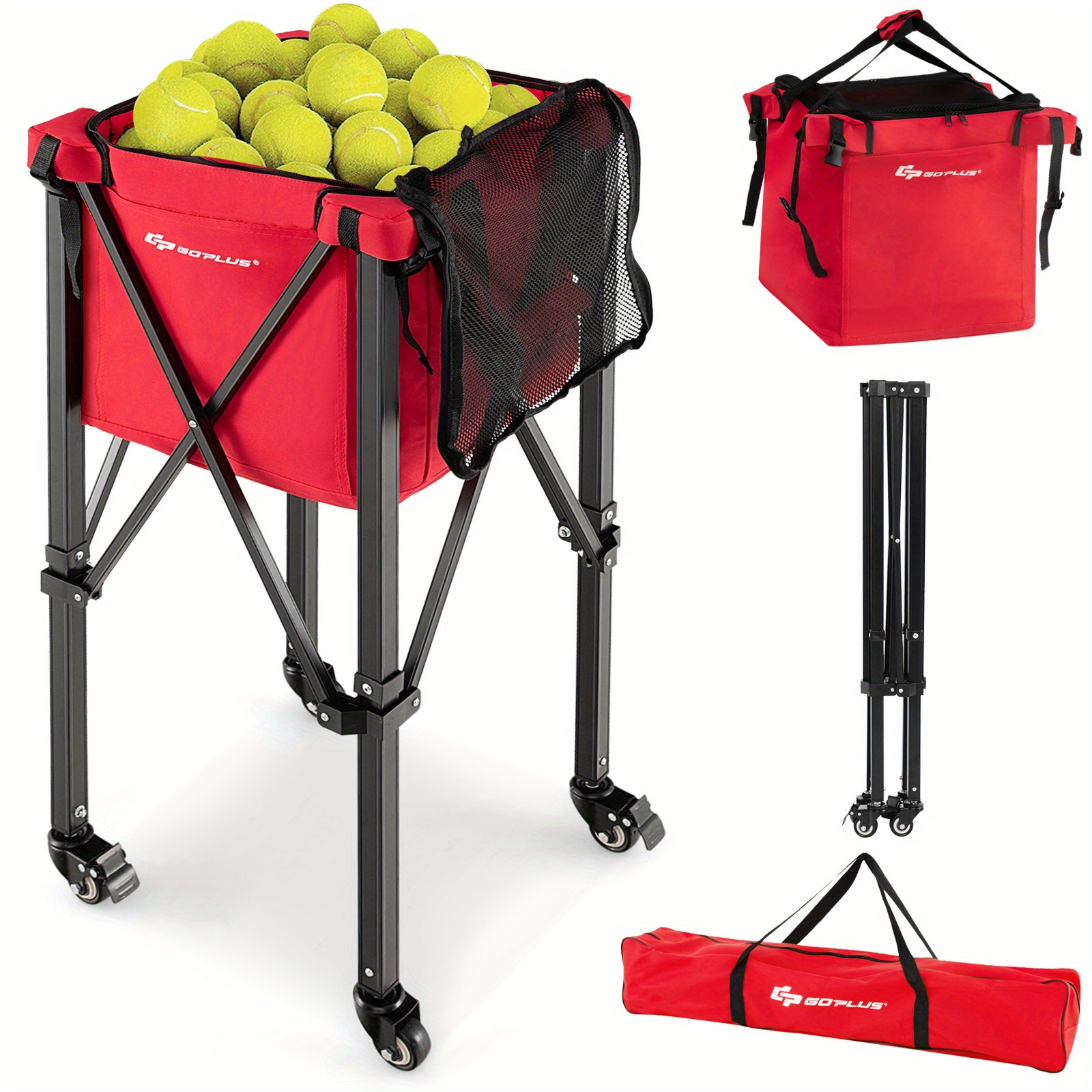 

Foldable Tennis Basket Portable Travel Teaching Cart W/wheels & Bag