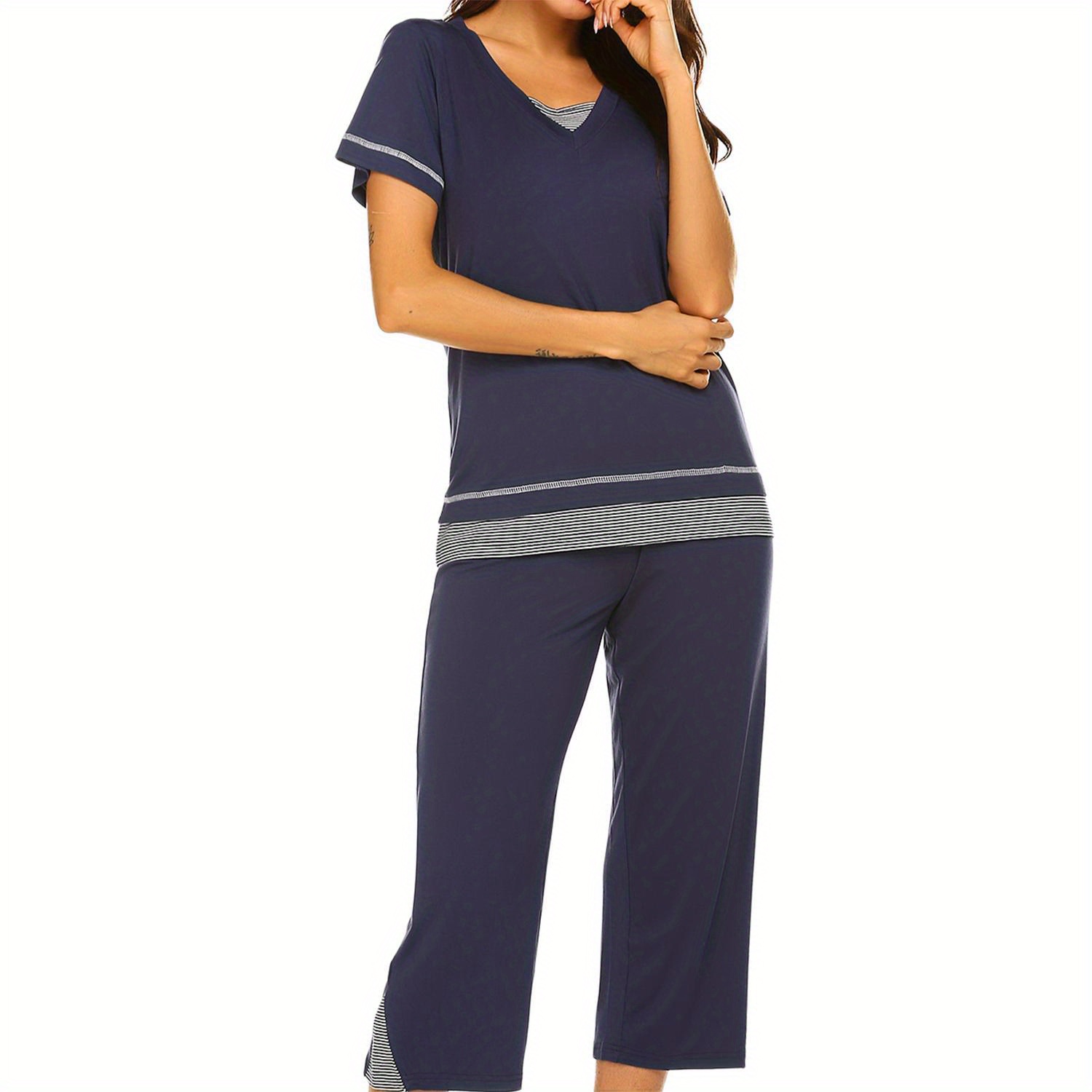 

Women's Casual Pajama Set, Short Sleeve V Neck Top & Capri Pants Sleepwear, Soft 2 Piece Loungewear Set