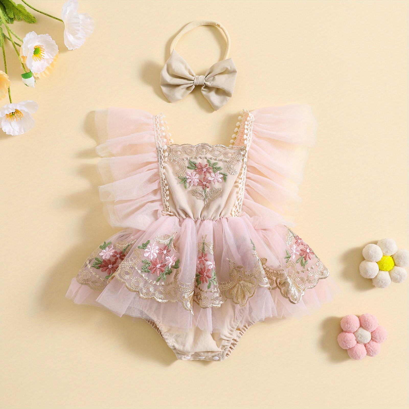 

Newborn Girl Cute Outfit, Embroidery Flower Fly Sleeve Romper With Bowknot Hairband Fashion Clothes