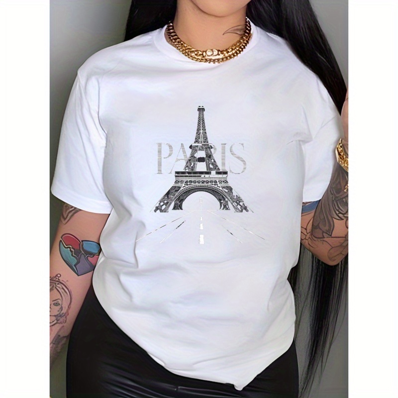 

Eiffel Tower Print Casual T-shirt, Crew Neck Short Sleeve Top For Spring & Summer, Women's Clothing