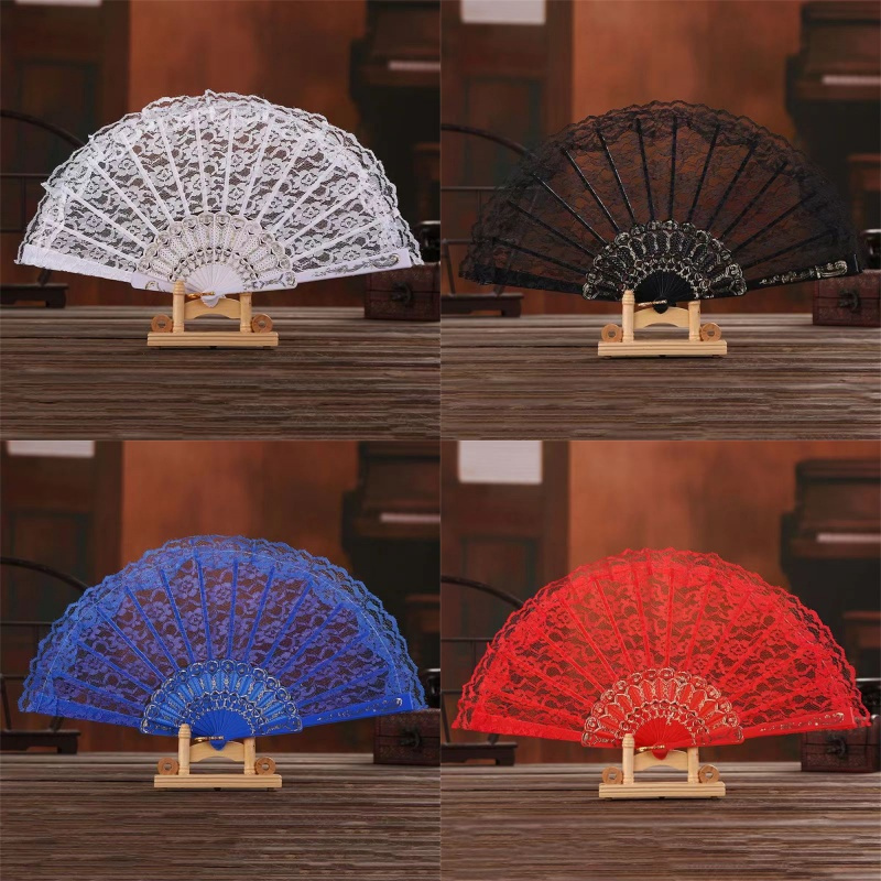 

4pcs Vintage Handheld Lace Folding Fans - Elegant Plastic Crafted Paddle Fans For Dance, Stage Props, And Cosplay Accessories - Fashion Retro Style, Power-free Use