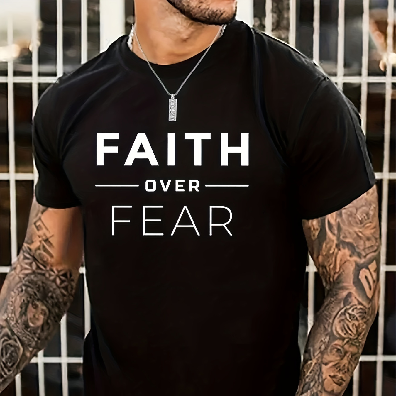 

1 Pc, 100% Cotton T-shirt, Men's Faith Over Fear Print T-shirt, Casual Short Sleeve Crew Neck Tee, Men's Clothing For Summer Outdoor