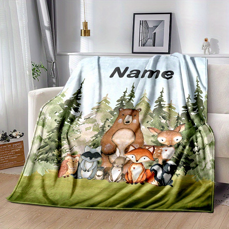 

Custom Woodland Animal Flannel Throw Blanket - , Lightweight & Warm For Bedroom, Sofa, Travel | Personalized Name Gift For Birthdays, Valentine's Day