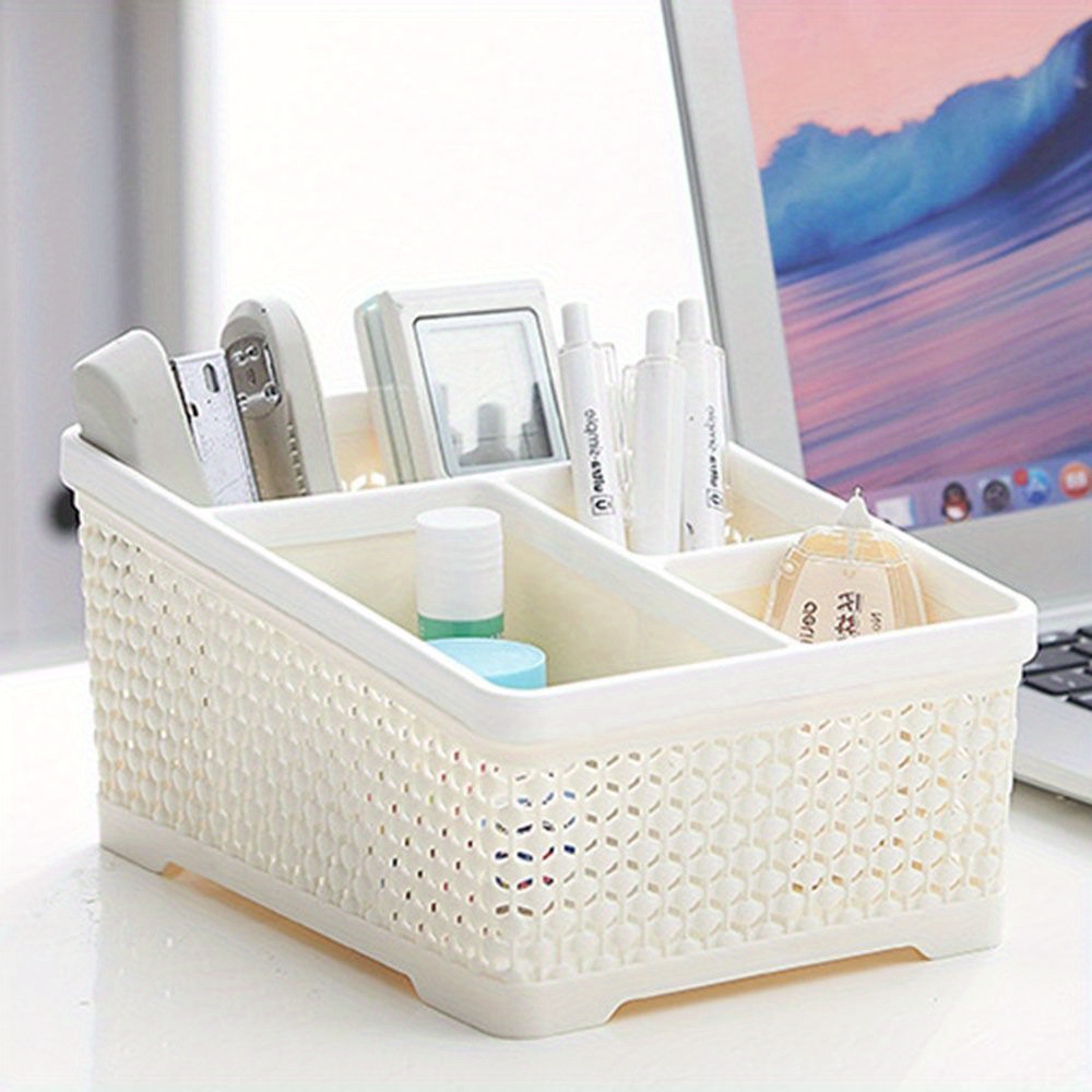 

Plastic Desktop Organizer With 4 Compartments - Morandi Style Hollow Design, Divided Cell Storage Box For Cosmetics, Office Supplies, And Bathroom Accessories