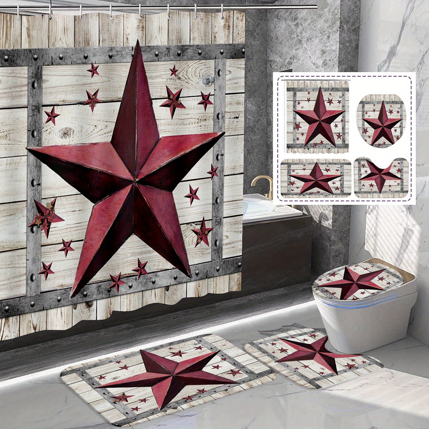 

Texas Star Rustic Farmhouse 4-piece Shower Curtain Set - Waterproof, Includes Bath Mat, U-shaped Rug & Toilet Lid Cover, Easy Install With Hooks, Machine Washable
