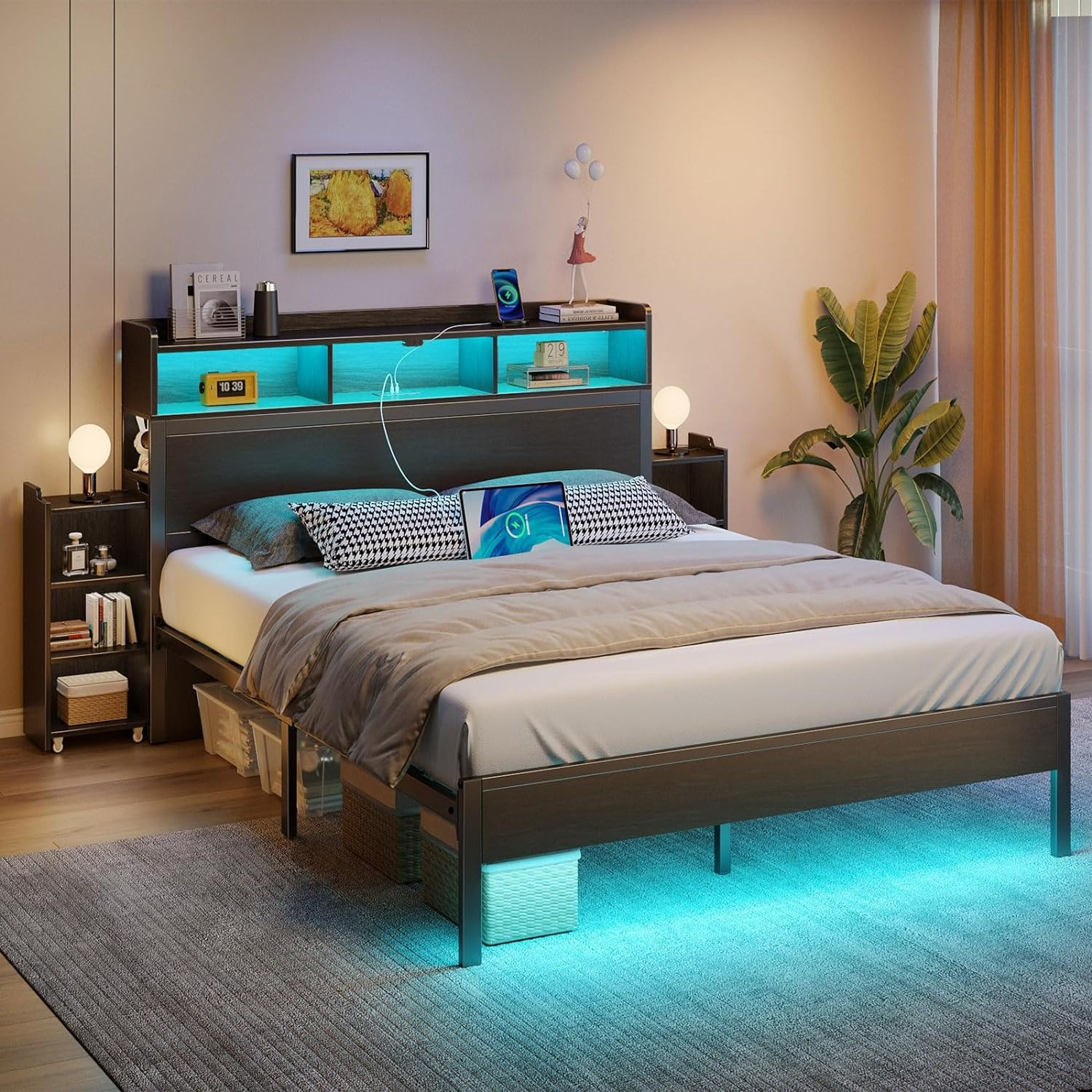 

Greenstell /// Size Bed Frame Avaliable, Bookcase , Out Bedside , Bed Charging & Led Lights, Duty Metal Slats, Needed, Free