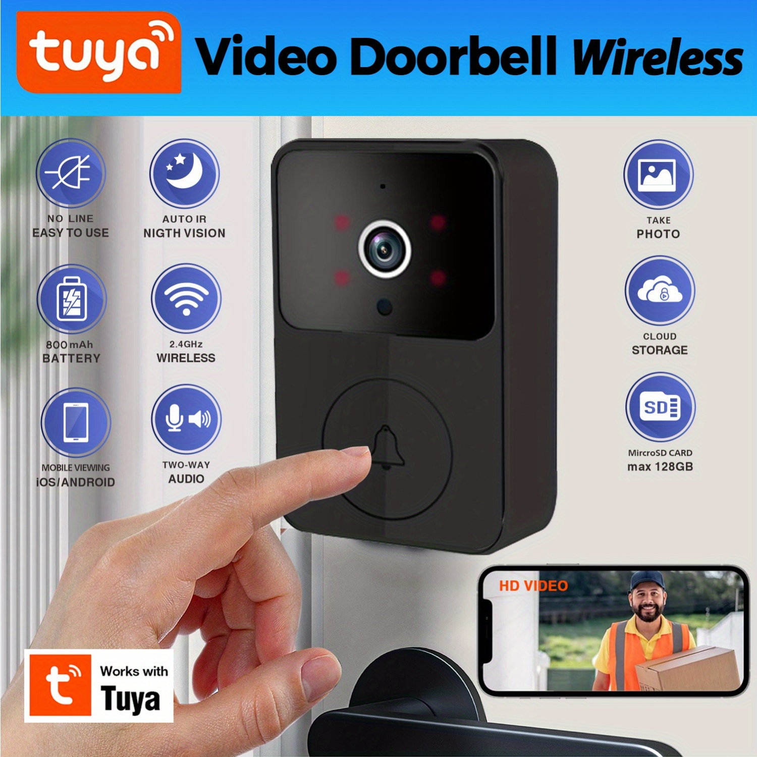 

Mini Wireless Doorbell Camera, 2.4ghz Wifi Video Doorbell With Camera Hd, Night Vision, 2-way Audio, Battery, Voice Change, Notification Push Mobile Remote View, Storage Of Photos,