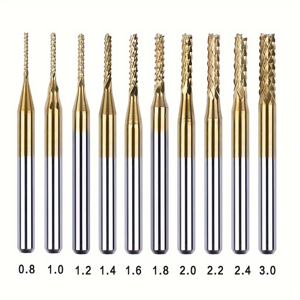 

[customer ] 10pcs Titanium Coated Carbide Engraving & Milling Cutter Set, 0.8-3mm, With 1/8'' Shank For Rotary Tools - No Power Supply Needed