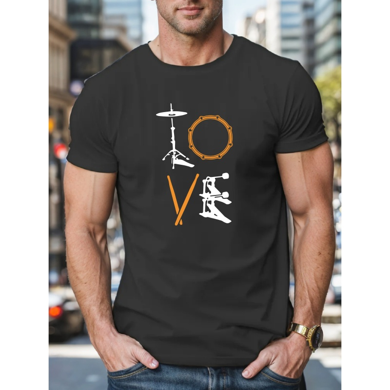 

Men's Crew Neck Graphic T-shirt With Love Drum Crown Print, Summer Short Sleeve Top For Men, Men's Soft And Trendy Comfy Tee