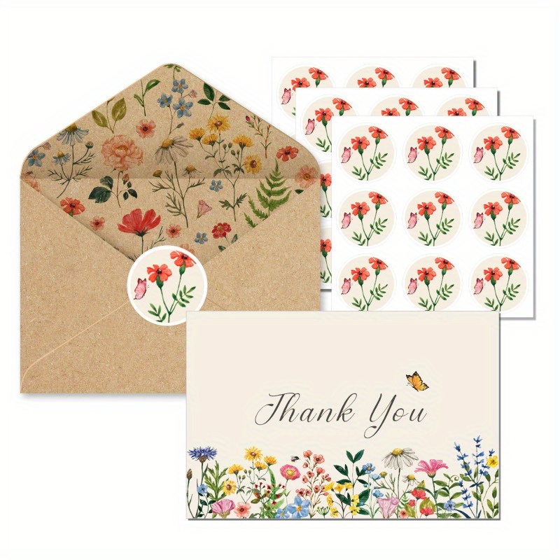 

24-pack Wildflower Floral Thank You Cards With Stickers And Kraft Envelopes, Blank Inside, All- Vintage Greeting Notes For Weddings, Bridal Showers, Birthdays