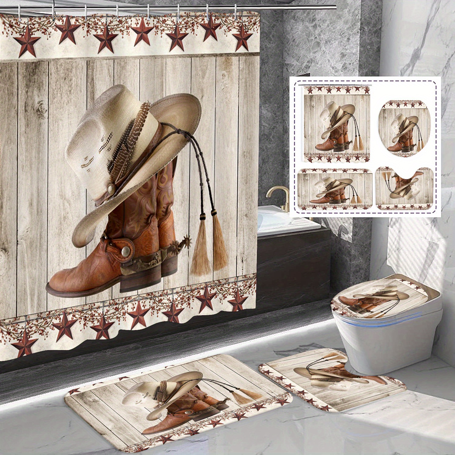 

Western Texas Curtain Set - 1/4 Pcs, Includes Waterproof Polyester Curtain, Bath Mat, U-shaped Rug, And Toilet Lid Cover With Horseshoe & Cowboy Boot Accents, Machine Washable