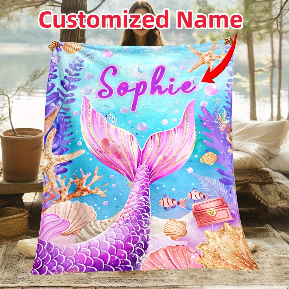 

Custom Mermaid Tail Name Blanket - Soft, Lightweight Flannel Throw For Couch, Bed, Travel & Camping | Fleece | Machine Washable | Sizes 31x47", 50x60", 60x80