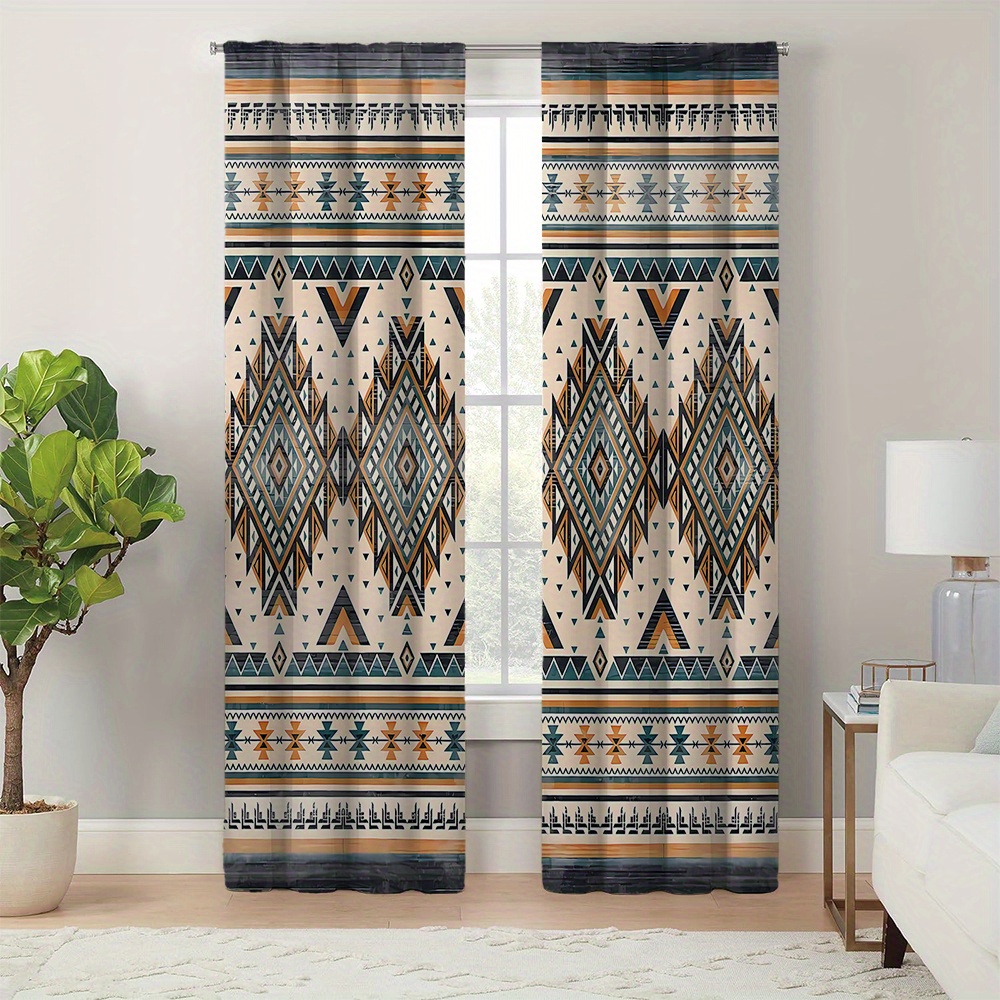 

Bohemian Chic 2pcs Light Blocking Curtain Set - Polyester, Machine Washable With Tieback For Living Room Decor, Curtains For Living Room