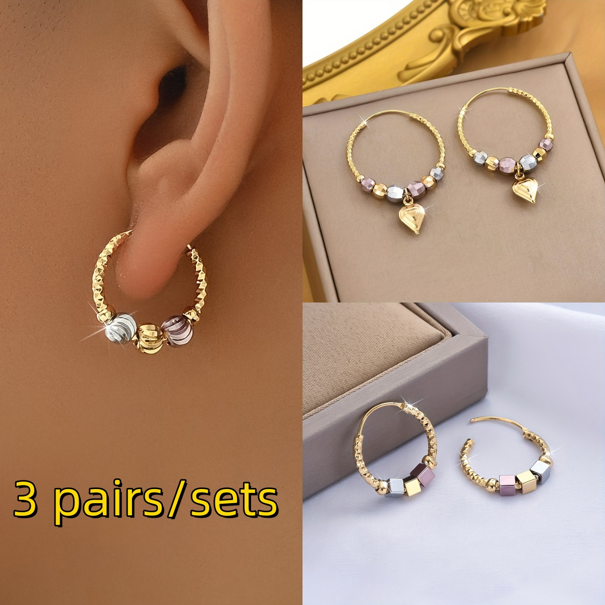 

3 Pairs/ Sets Of Beading Design Ladies Fashion Personality Earrings Earrings, Suitable For Ladies Jewelry Accessories Gifts To Female Friends