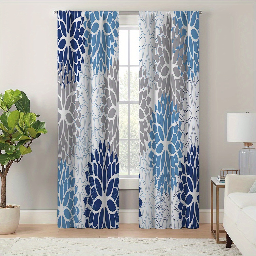 

2pcs/set And Grey Floral Pattern Print Door And Window Polyester Material Curtain, Washable And Easy To Hang Four-season Charm Decorative Curtain For Door Window Home Decoration