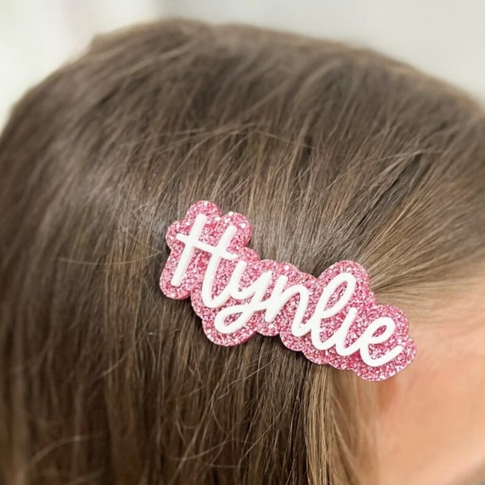 TEMU A Custom Glitter Acrylic Hair Clip - Featuring A Pink Background With White Cursive Lettering, A Unique Romantic Gift Perfect For Birthdays And