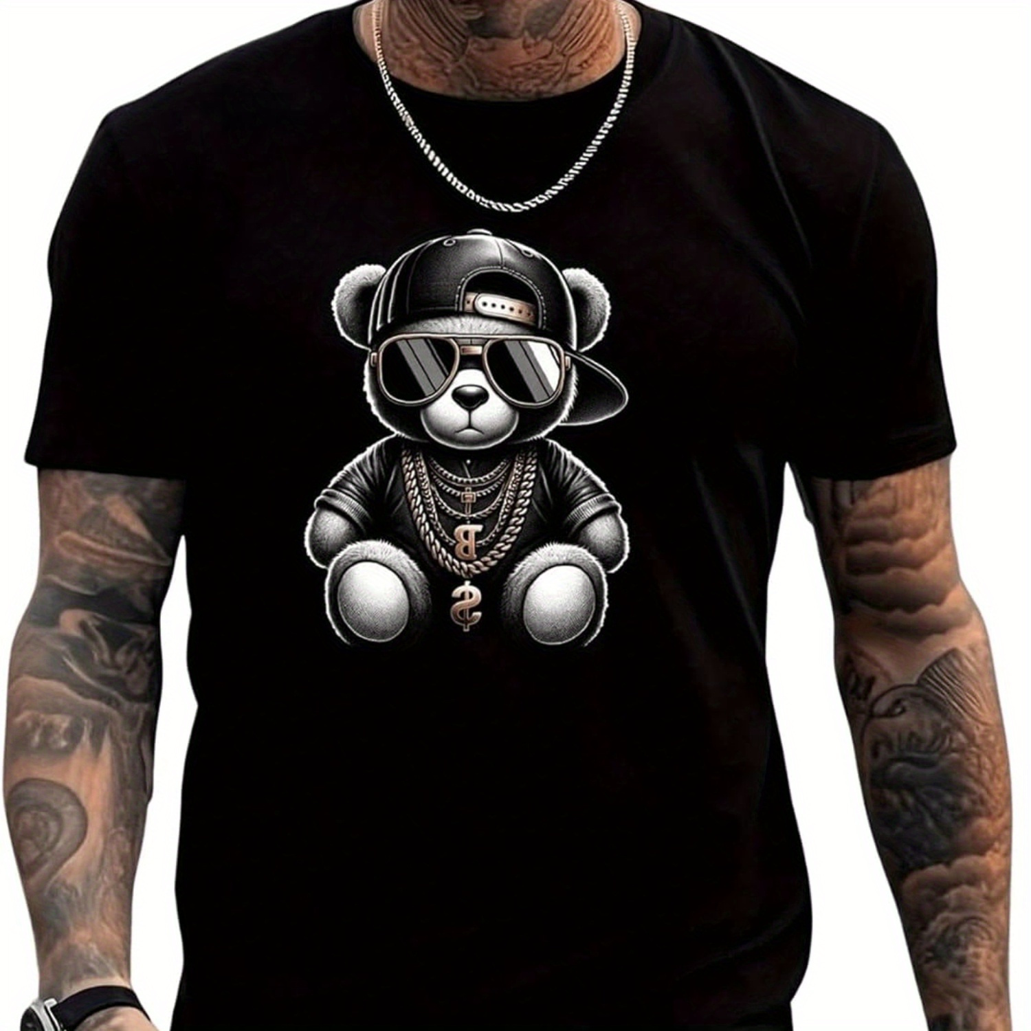 

Men's Bear Graphic Round Neck Tees Top Short Sleeve Oversized Casual Summer T Shirt