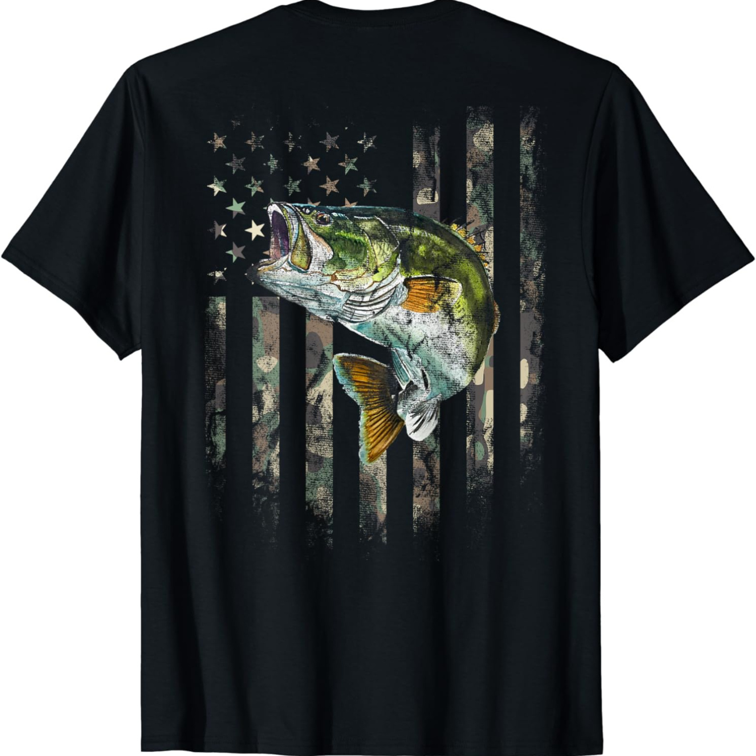 

American Flag (print On The Back) Camo Bass Fish Fishing T-shirt