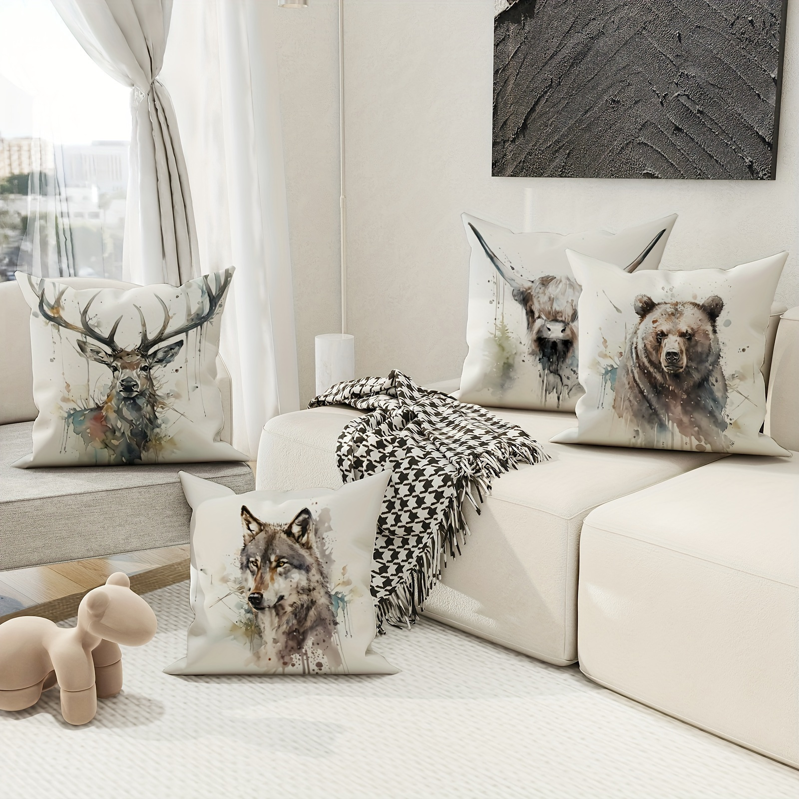 

4-piece Set Rustic Farmhouse Throw Pillow Covers - Reindeer, Wolf, Bear & Highland Cow Designs In White And Gray Polyester - 18x18 Inches With Zipper Closure For Living Room, Bedroom, Sofa Decor