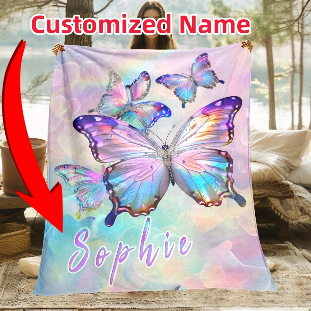 

Custom Glowing Butterfly Name Blanket - Lightweight, Soft Flannel Throw For Couch, Bed, Travel & Camping - Personalized Digital Print Fleece, Machine Washable