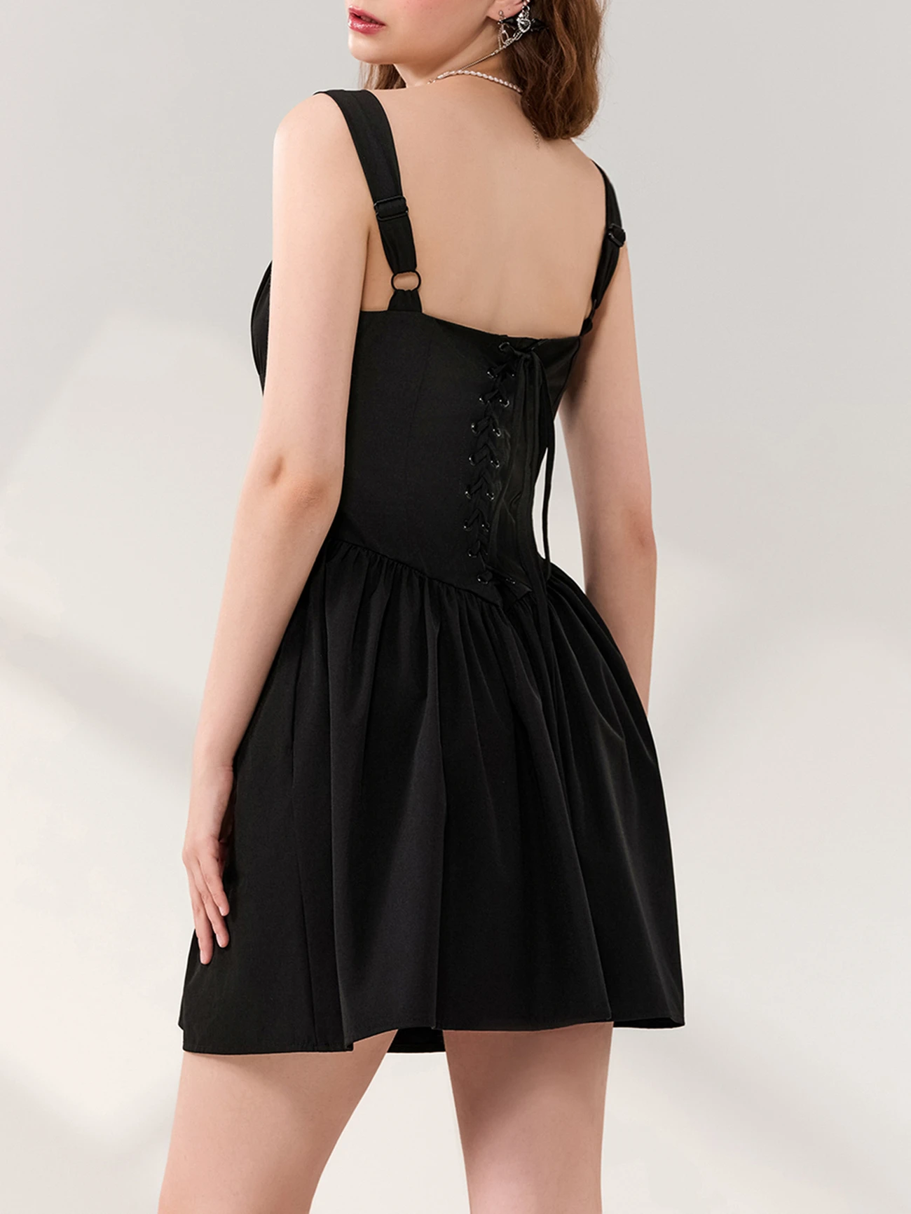 1pc Y2K Inspired Women'S Mini Dress - Sexy Lace Corset, Bodycon Fit and Flare, Sleeveless Square Neck, Tie Back, Ruffle Hem, Woven Polyester, Summer A-Line Sundress