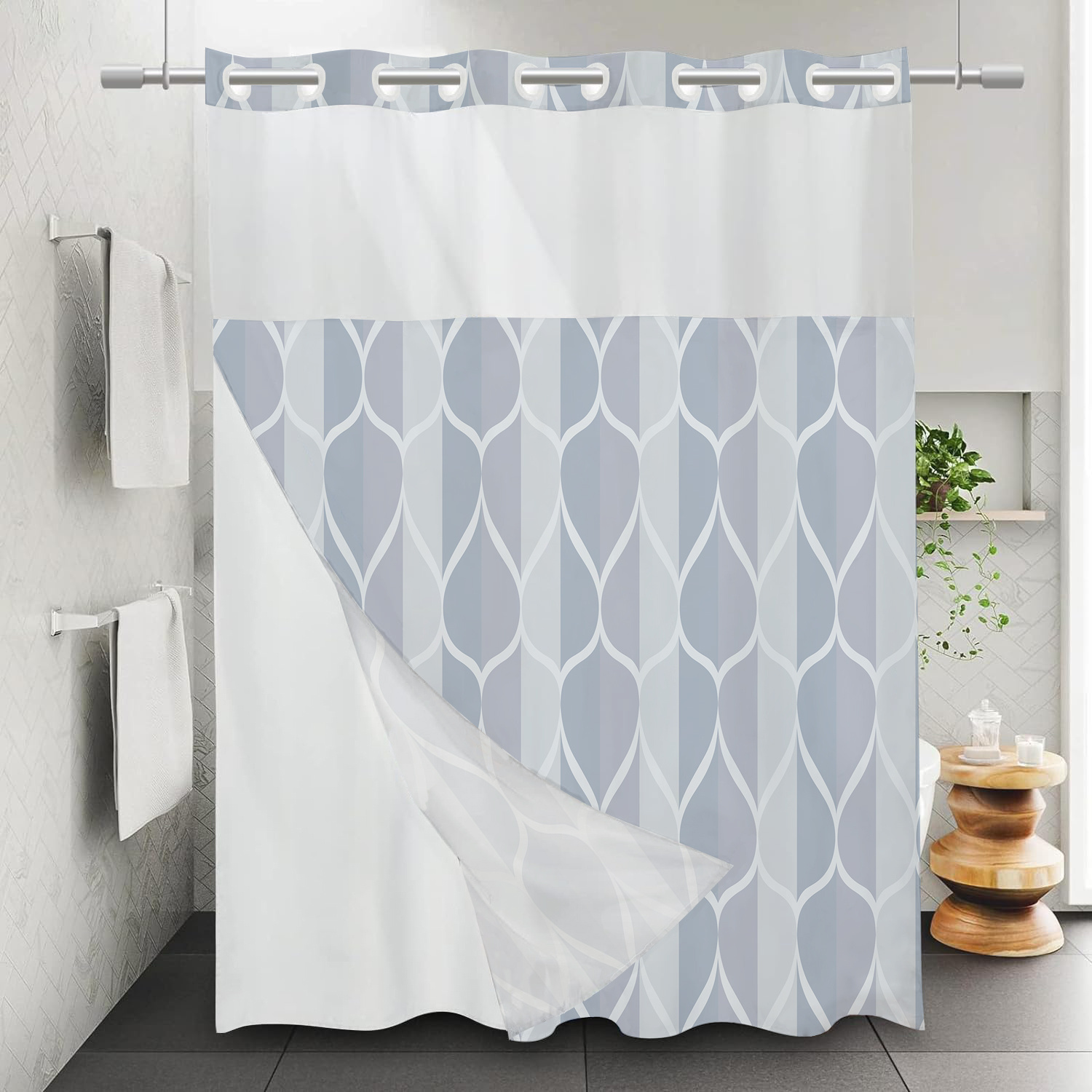 

1pc No Hook Grey Shower Curtain With Snap In Fabric Liner Set - Hotel Style With See Through Mesh Top Window, Modern Geometric Waterdrop Design, Water-repellent & Washable 70.8x74inch