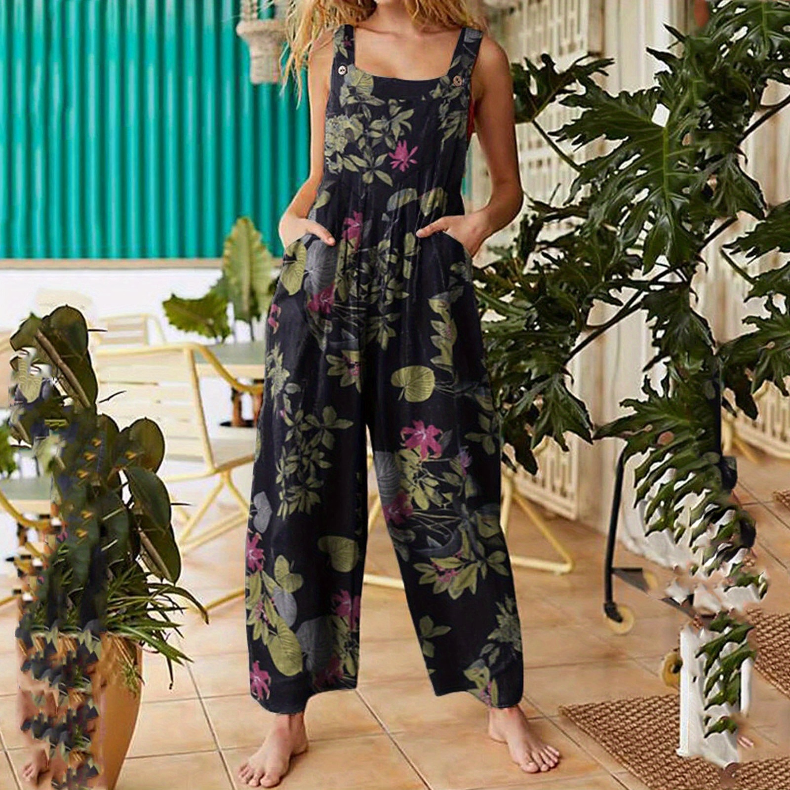 

Floral Print Tank Overall Jumpsuit, Casual Square Neck Sleeveless Wide Leg Loose Overall Jumpsuit, Women's Clothing