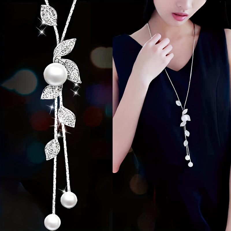 TEMU 1 pièce Collier long avec pendentif unique, élégant et tendance de feuille avec gland, chaîne pour pull, bijou de soirée pour femme