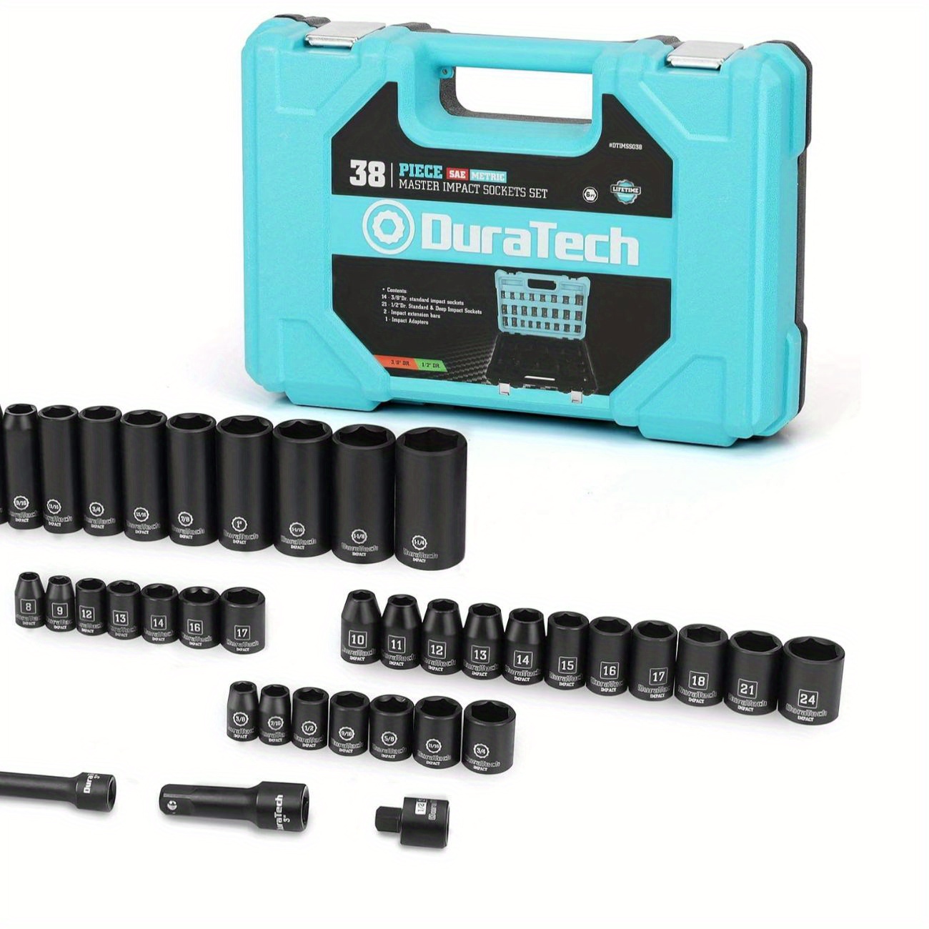 

Duratech 1/2" & 3/8" Drive Impact Socket Set, 38-piece Socket Set, Metric/sae Sockets With Extension Bars And Impact Adapter