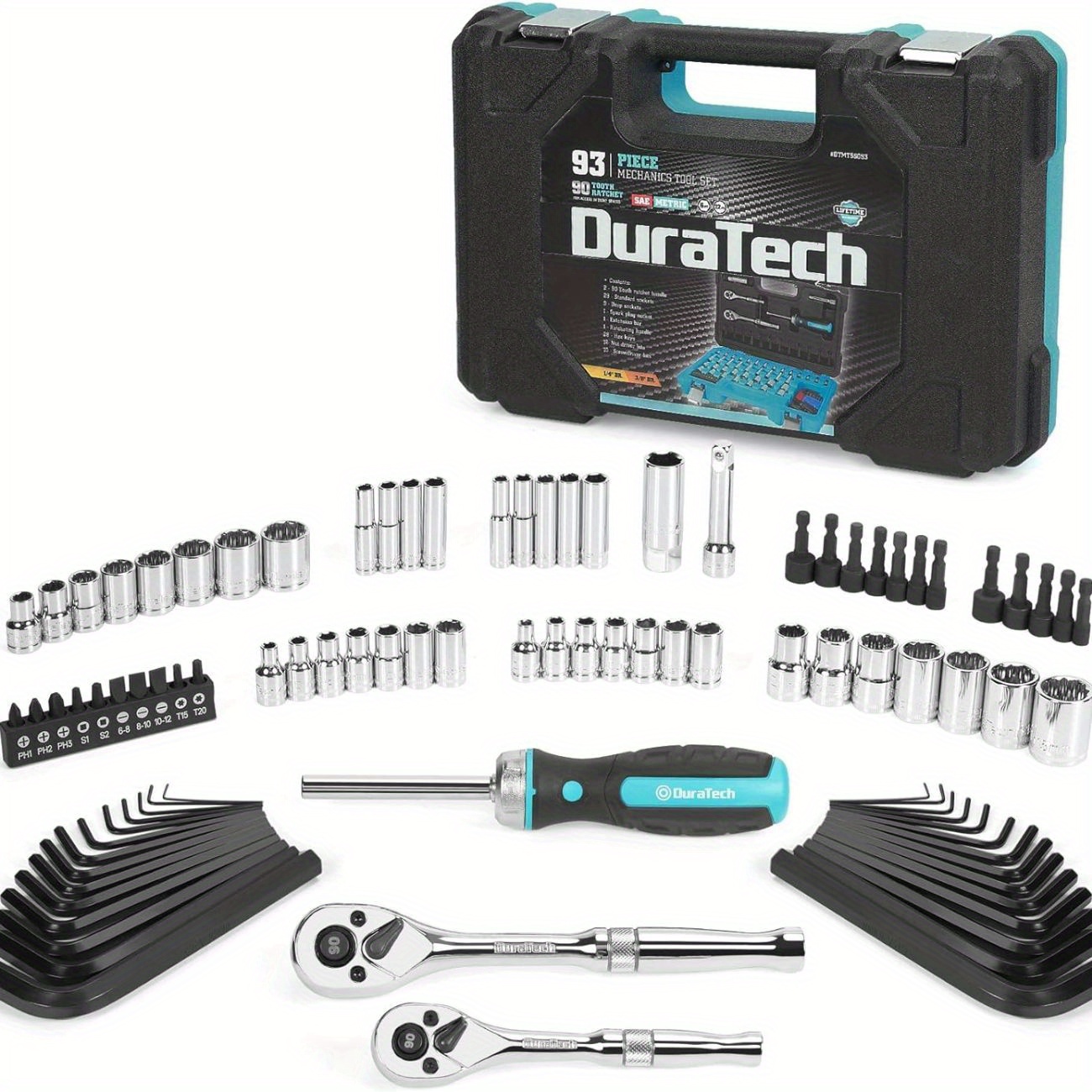 

Duratech 93 Piece Mechanics Tool Set, Sae/metric Drive Socket Set (1/4 Inch And 3/8 Inch) With Ratchet Handle Spark Plug Magnetic Bit Driver And Tool Accessories Set