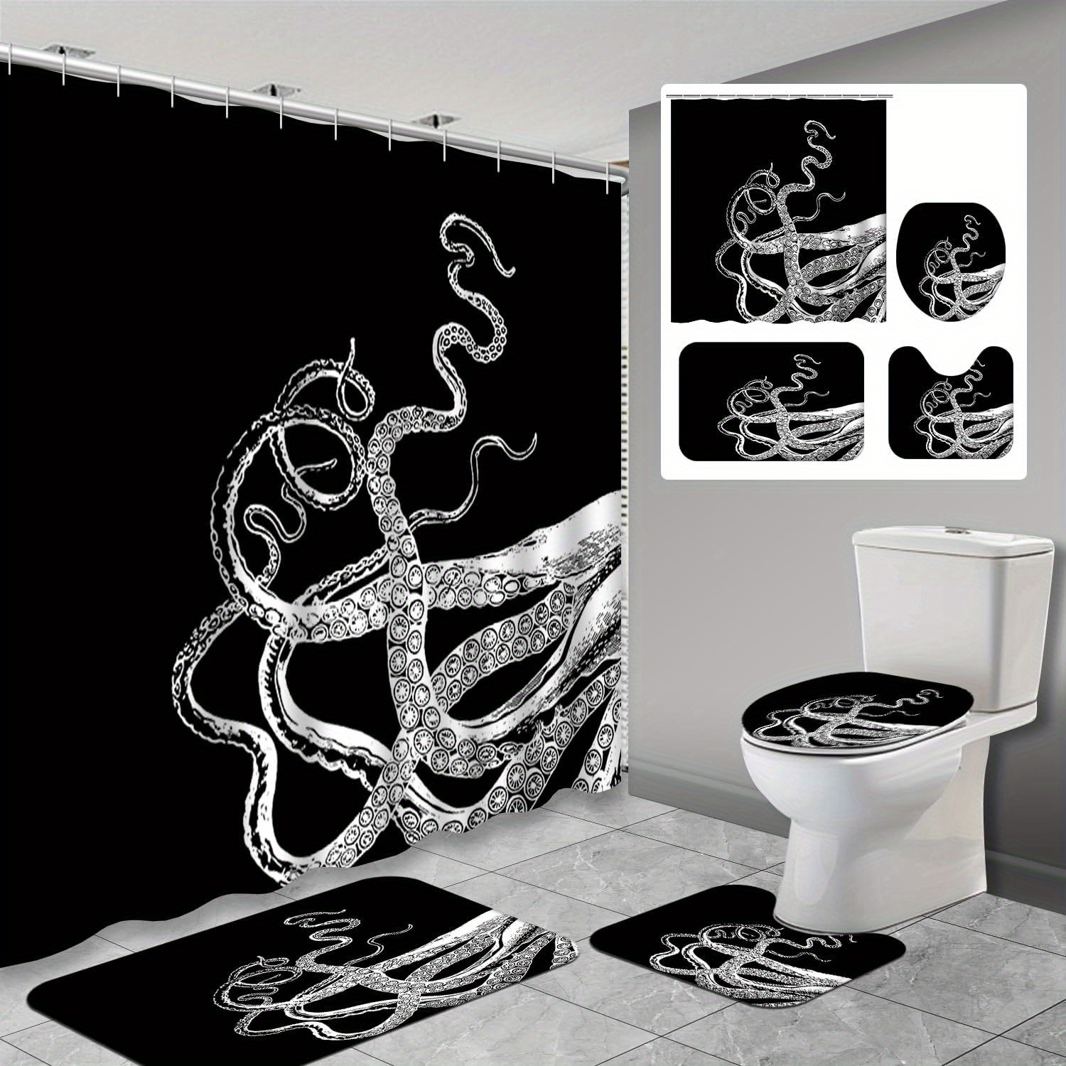 

4 Pcs Octopus Bathroom Shower Curtain Sets With Rugs, Bathroom Sets With Shower Curtain And Rugs, Bathroom Decor Sets With Mats And Towels