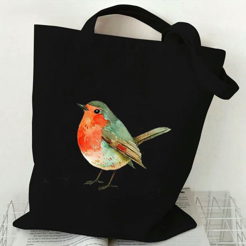 

1 Pc Robin Print Durable Shoulder Bag Holiday Supplies Gift Canvas Tote Bag For Women