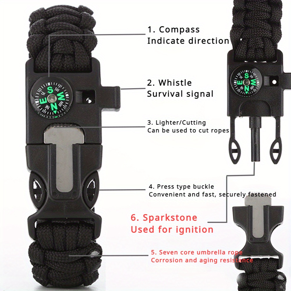 5 in 1 multifunctional survival bracelet with compass whistle igniter and emergency rope durable abs black paracord design for hiking and camping emergency bracelet utility bracelet adjustable bracelet camping accessories details 2