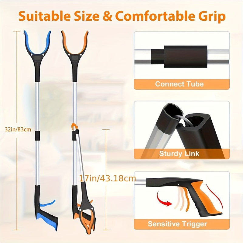 1 Lightweight Aluminum Trash Grabber with 360° Rotation Folding Extended Reach Tool - Ergonomic Handle, Ideal for Seniors and People with Disabilities | Multi-Purpose Household Gripper Includes Keychain & Clip-On Accessories | Home Cleaning Aid