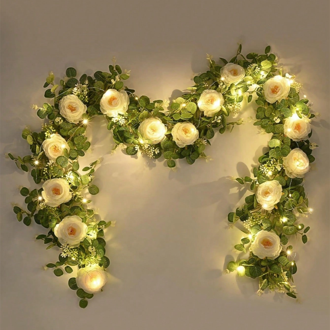 TEMU 1pc 6.5ft Artificial Eucalyptus Garlands With Flowers- 8 , Floral Greenery Garlands With 6.5ft String Lights Fake Flowers For Wedding