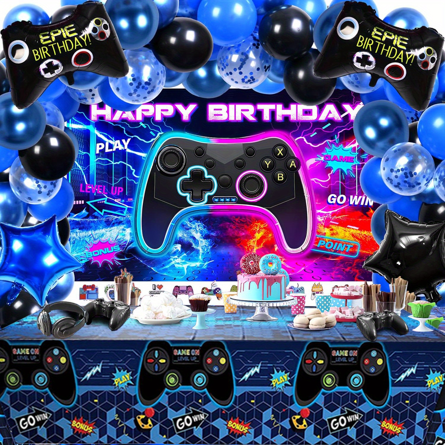 

Video Game Birthday Party Decoration Supplies - 151pcs Decoration, Including Happy Birthday Background, Tablecloth, Balloons, Foil Balloons, Stickers