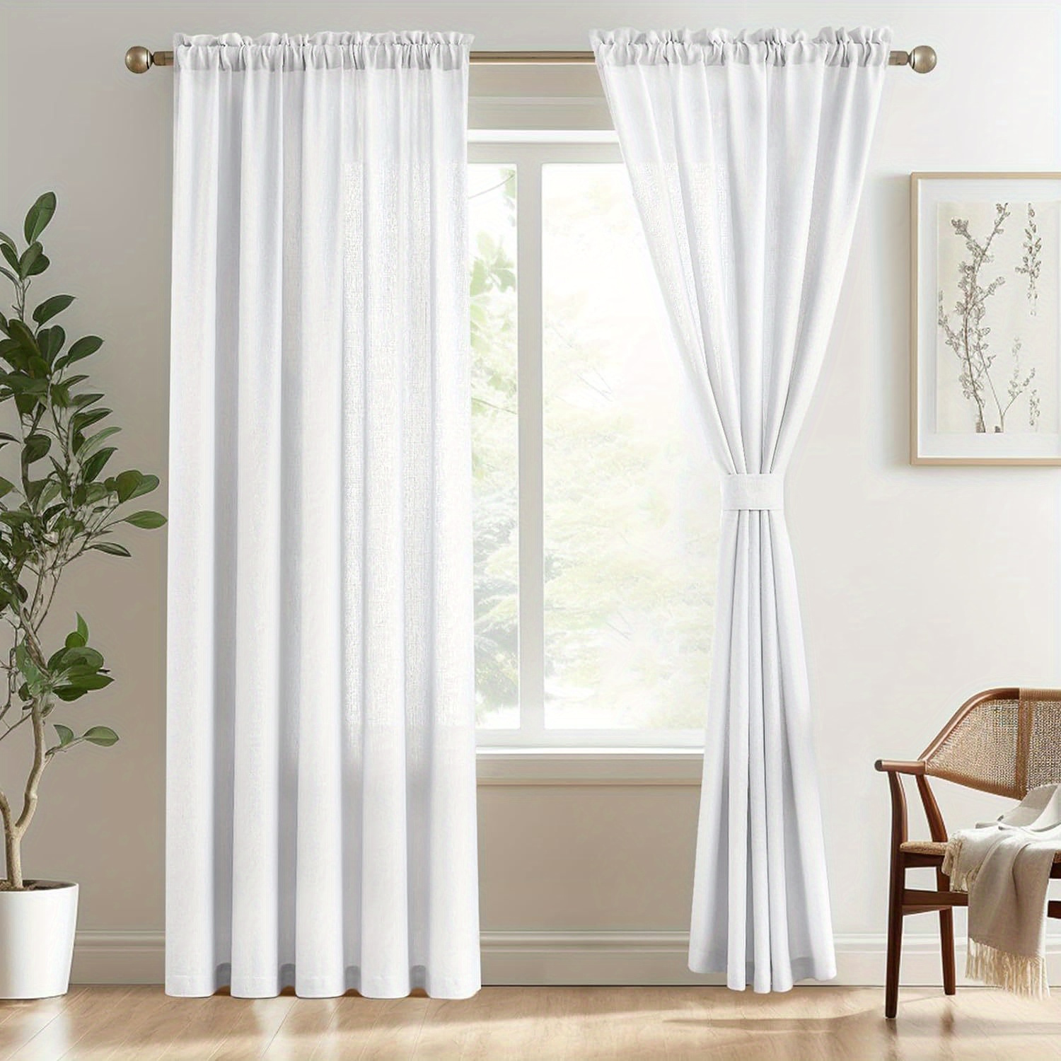 

2pcs White Linen Look Sheer Drapes Rod Pocket Semi Sheer Curtains Light Filtering Privacy Curtains For Bedroom, Living Room, Farmhouse Decor