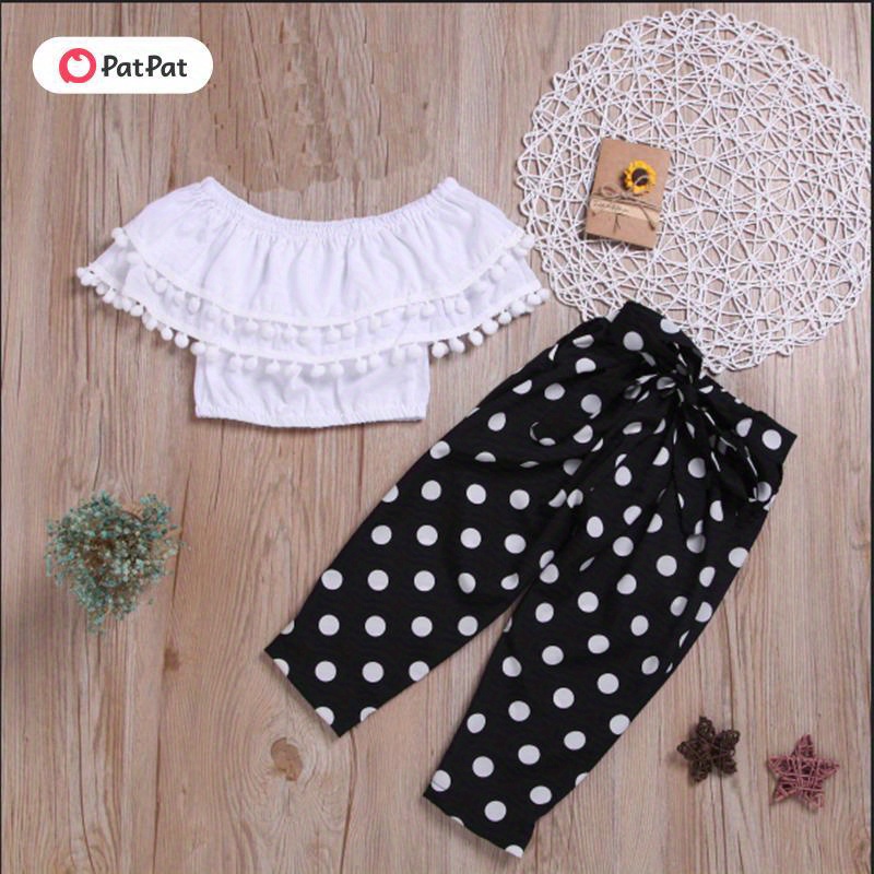 

Patpat 2-piece Fashionable Off Shoulder Pompon Flounced Top And Polka Dots Pants Set