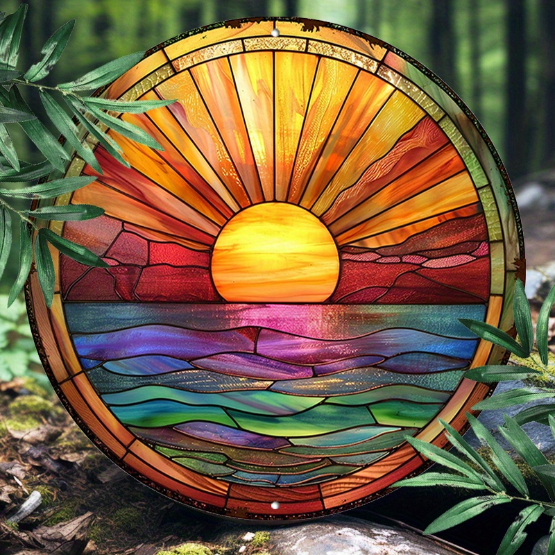 

Sunrise Stained Glass Metal Wall Decor, 1pc 8" Round Aluminum Sign, Uv Resistant Outdoor Indoor, Easy To Hang - For Home, Garden, Restaurant Decoration